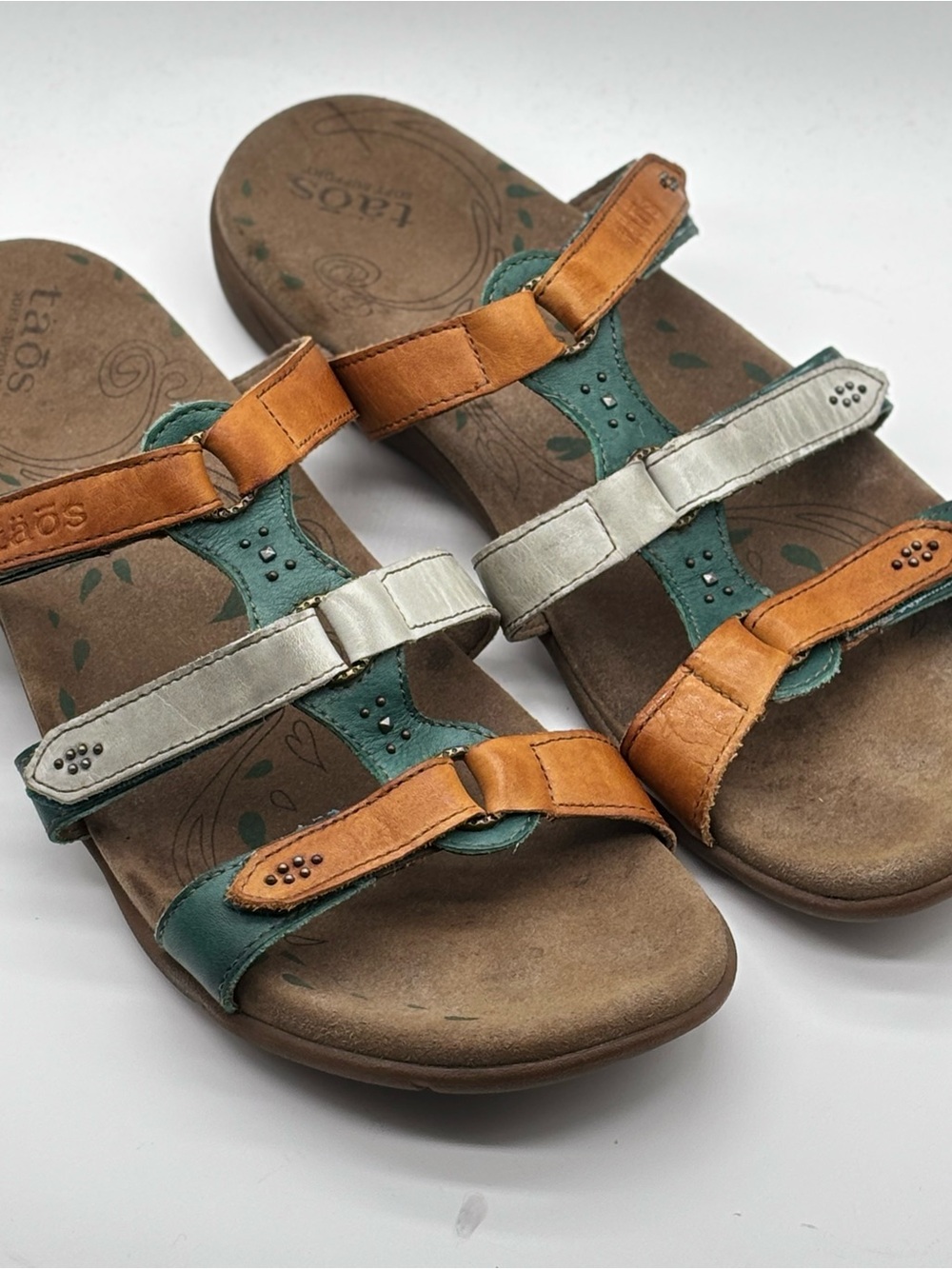 Taos Leather Sandals Womens Size 11 Brown Teal Adjustable Comfort Boho Southwest